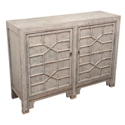 Compact reclaimed pine cabinet with lattice-patterned doors in antique blue