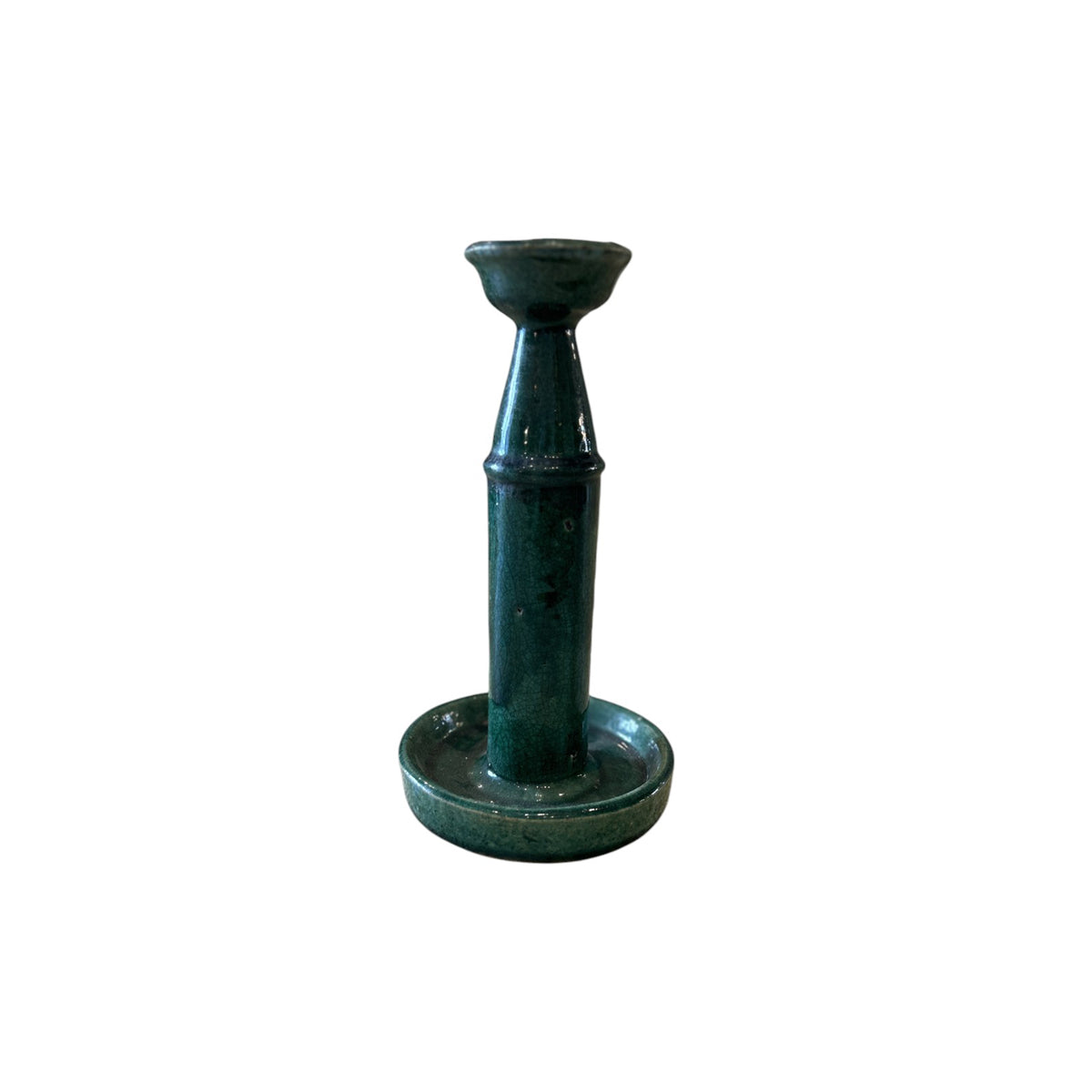 Ceramic candlestick with a vertical shaft, weighted base, and dark glaze