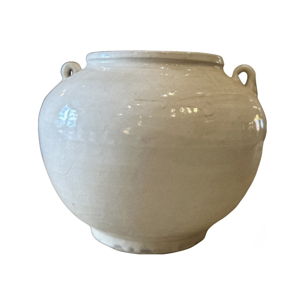 Wide glazed ceramic pot with a broad opening and side handles
