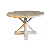 Small round bleached reclaimed elm dining table on an intersecting base