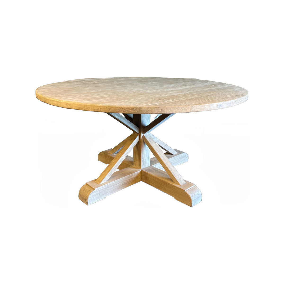 Round bleached elm dining table on an intersecting base