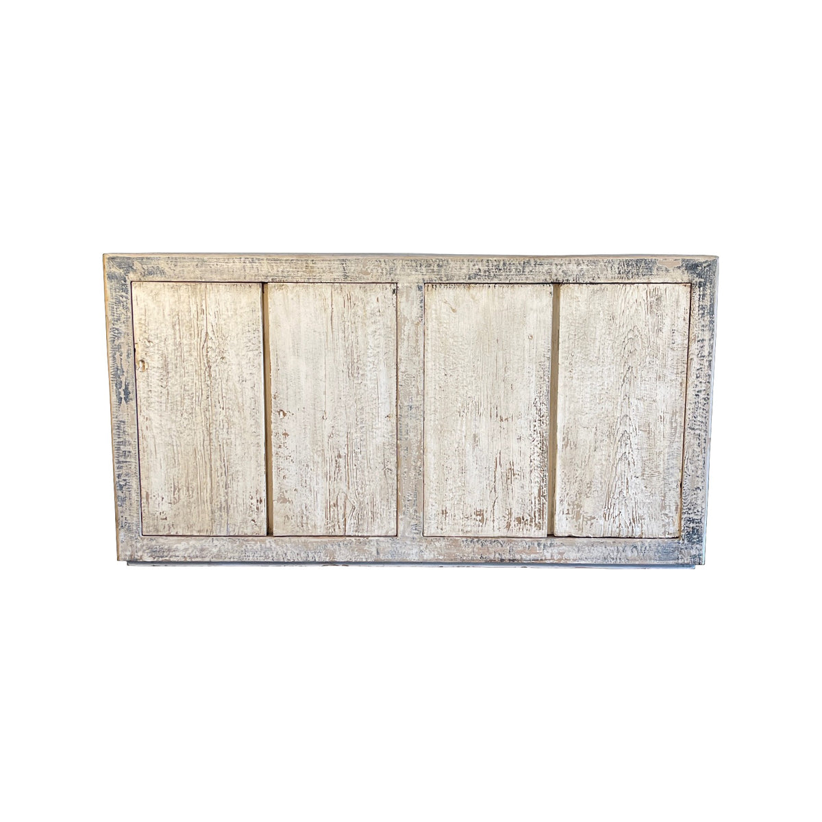 Reclaimed pine cabinet with four paneled doors in a distressed blue finish