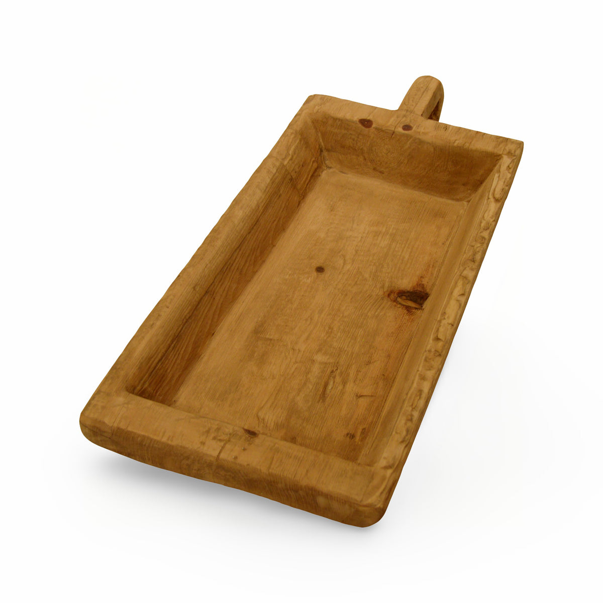 Shallow rectangular tray in reclaimed bleached elm with a handle