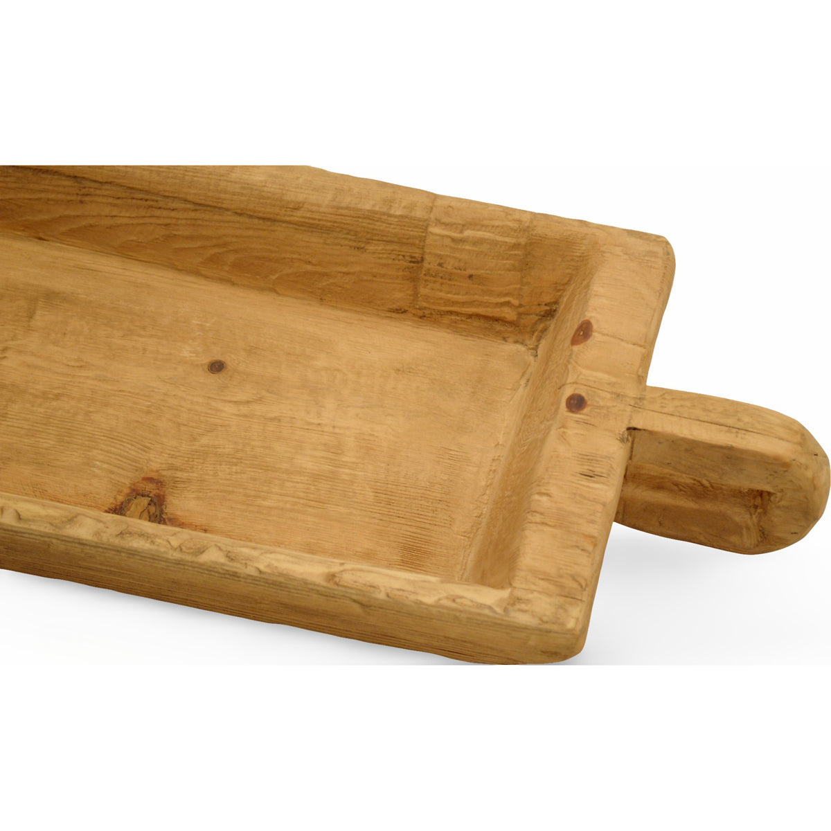Shallow rectangular tray in reclaimed bleached elm with a handle