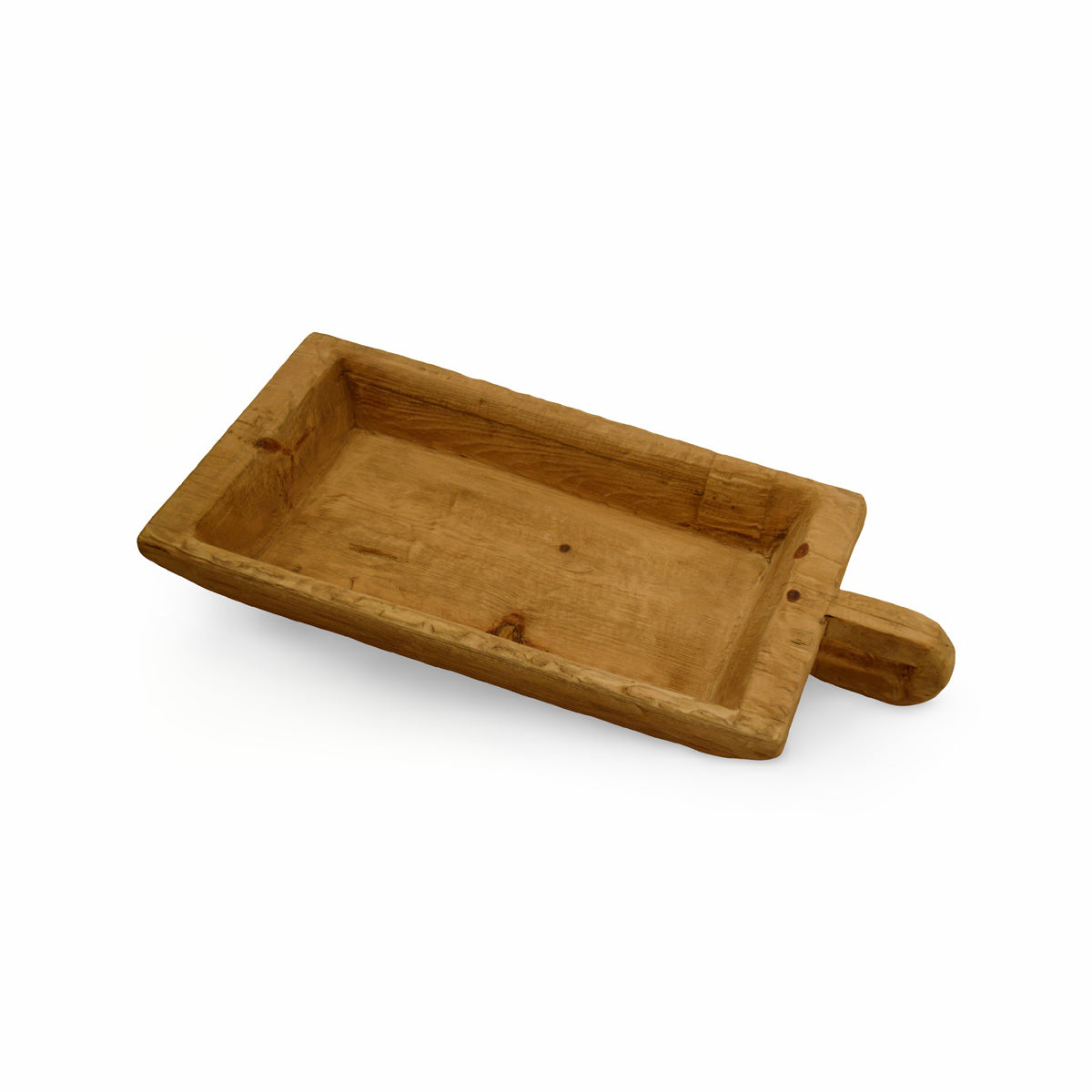 Shallow rectangular tray in reclaimed bleached elm with a handle