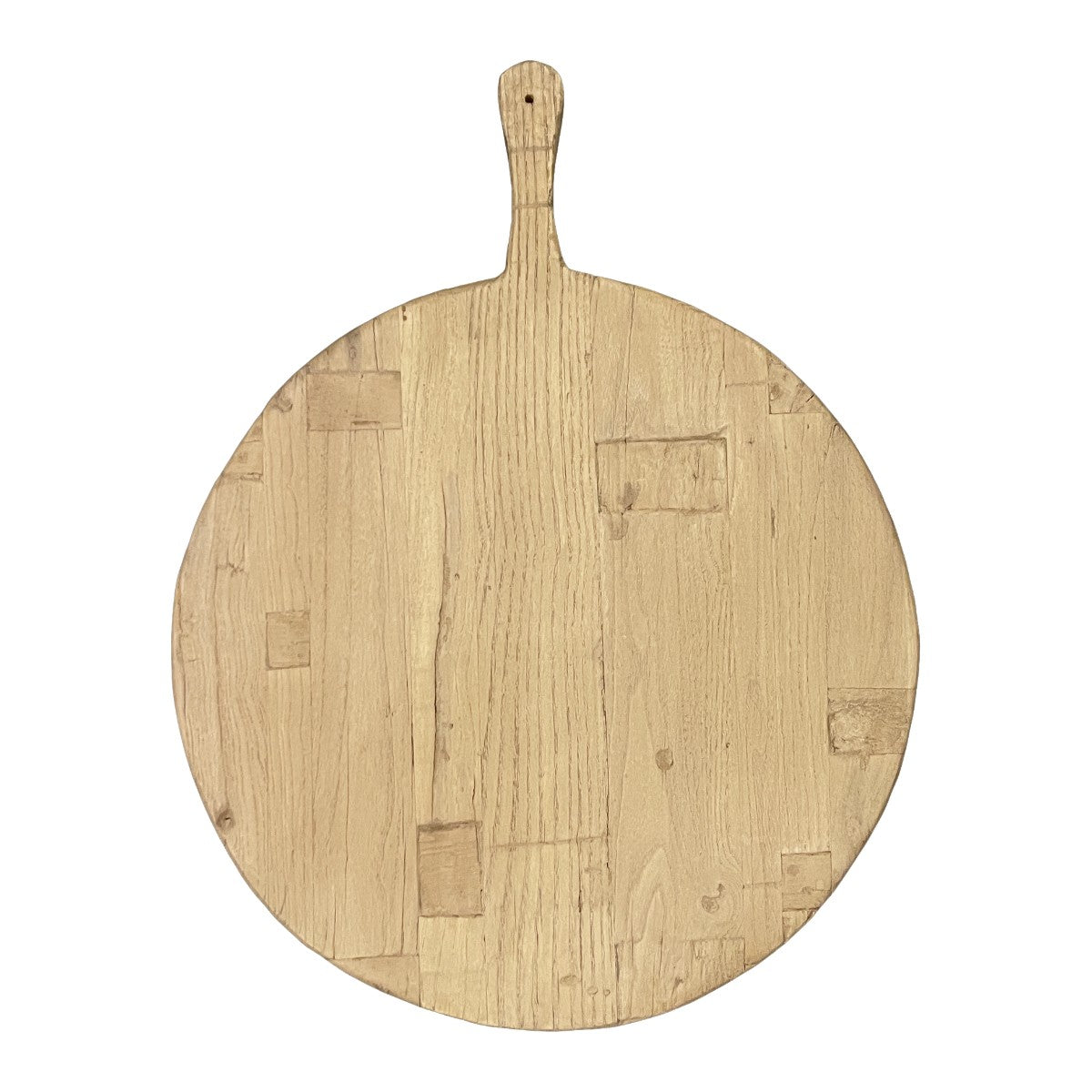 Round serving board in natural reclaimed elm with an integrated handle
