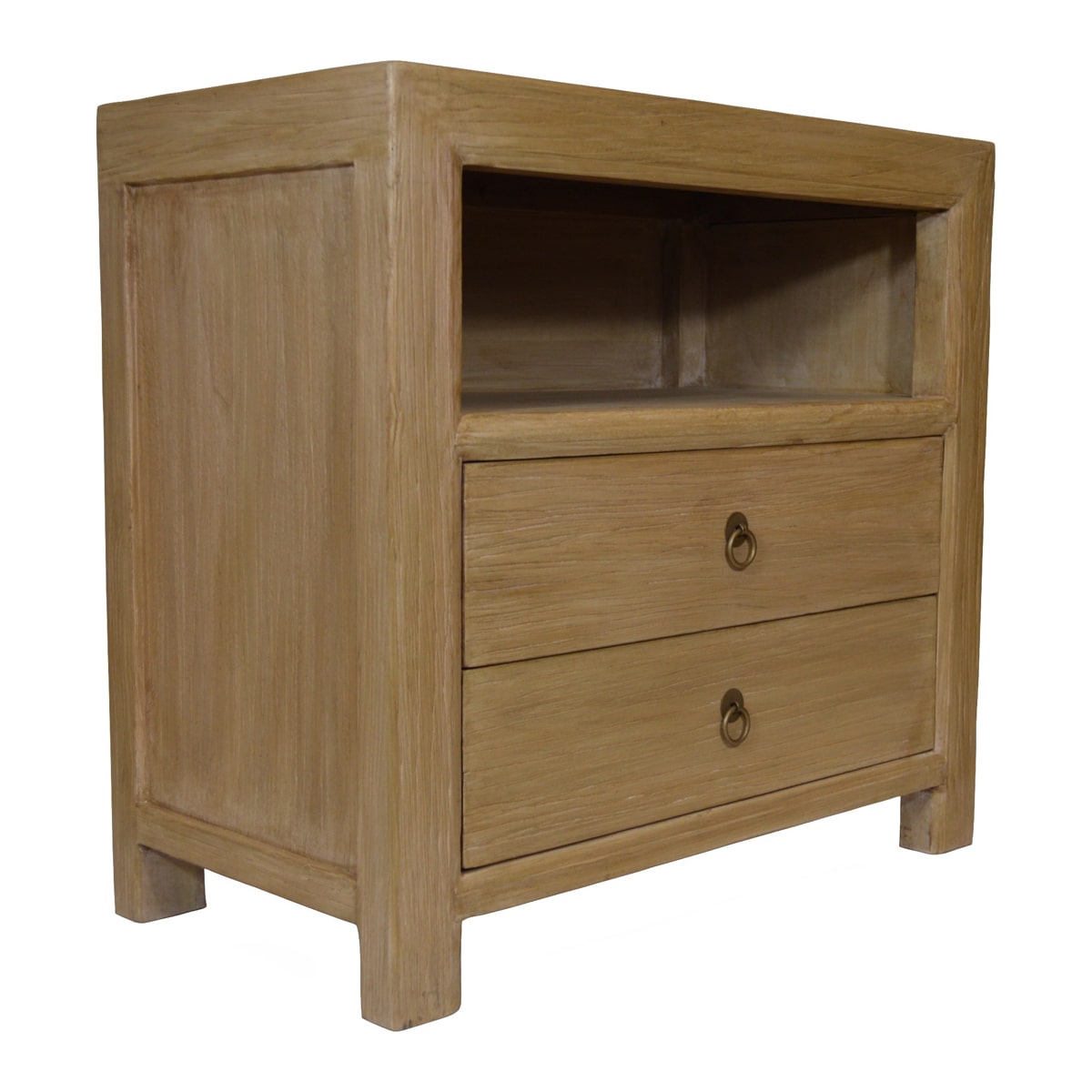 Bleached reclaimed elm side table with two drawers and open compartment