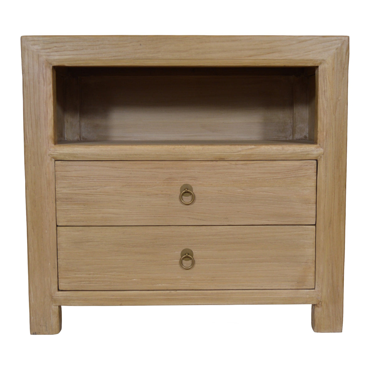 Bleached reclaimed elm side table with two drawers and open compartment