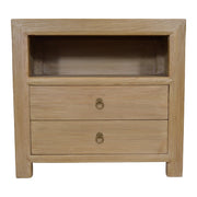 Bleached reclaimed elm side table with two drawers and open compartment
