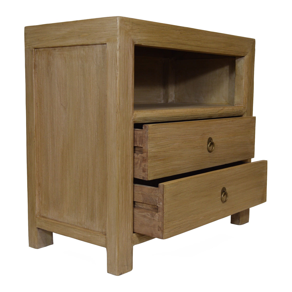 Bleached reclaimed elm side table with two drawers and open compartment