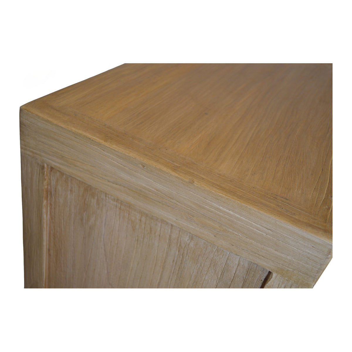 Bleached reclaimed elm side table with two drawers and open compartment