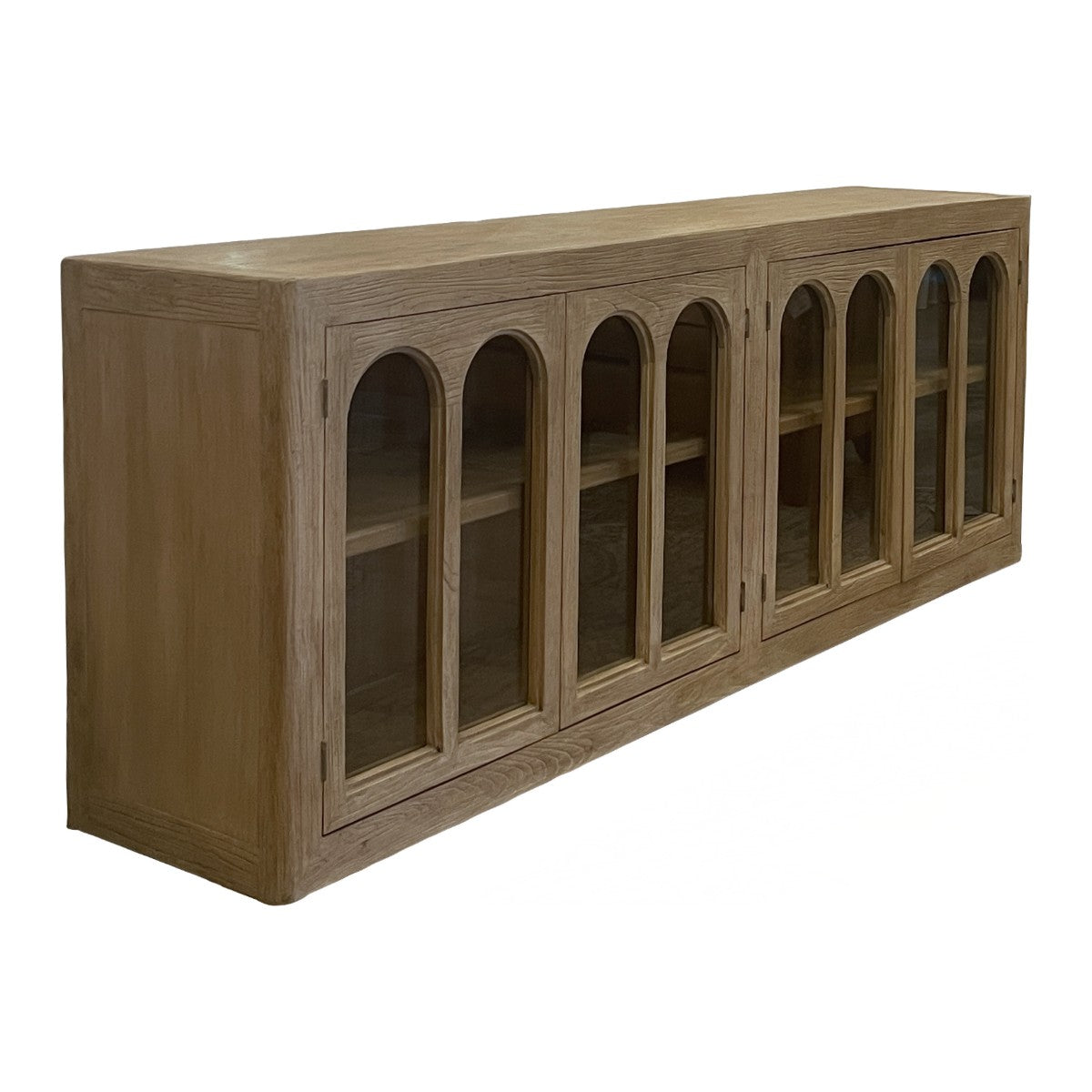 Bleached reclaimed elm cabinet with repeated arched glass doors