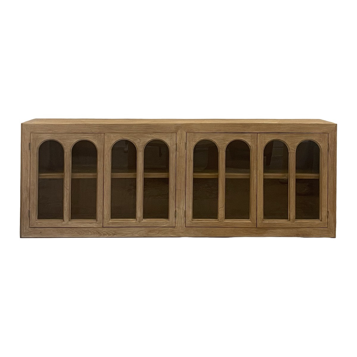 Bleached reclaimed elm cabinet with repeated arched glass doors