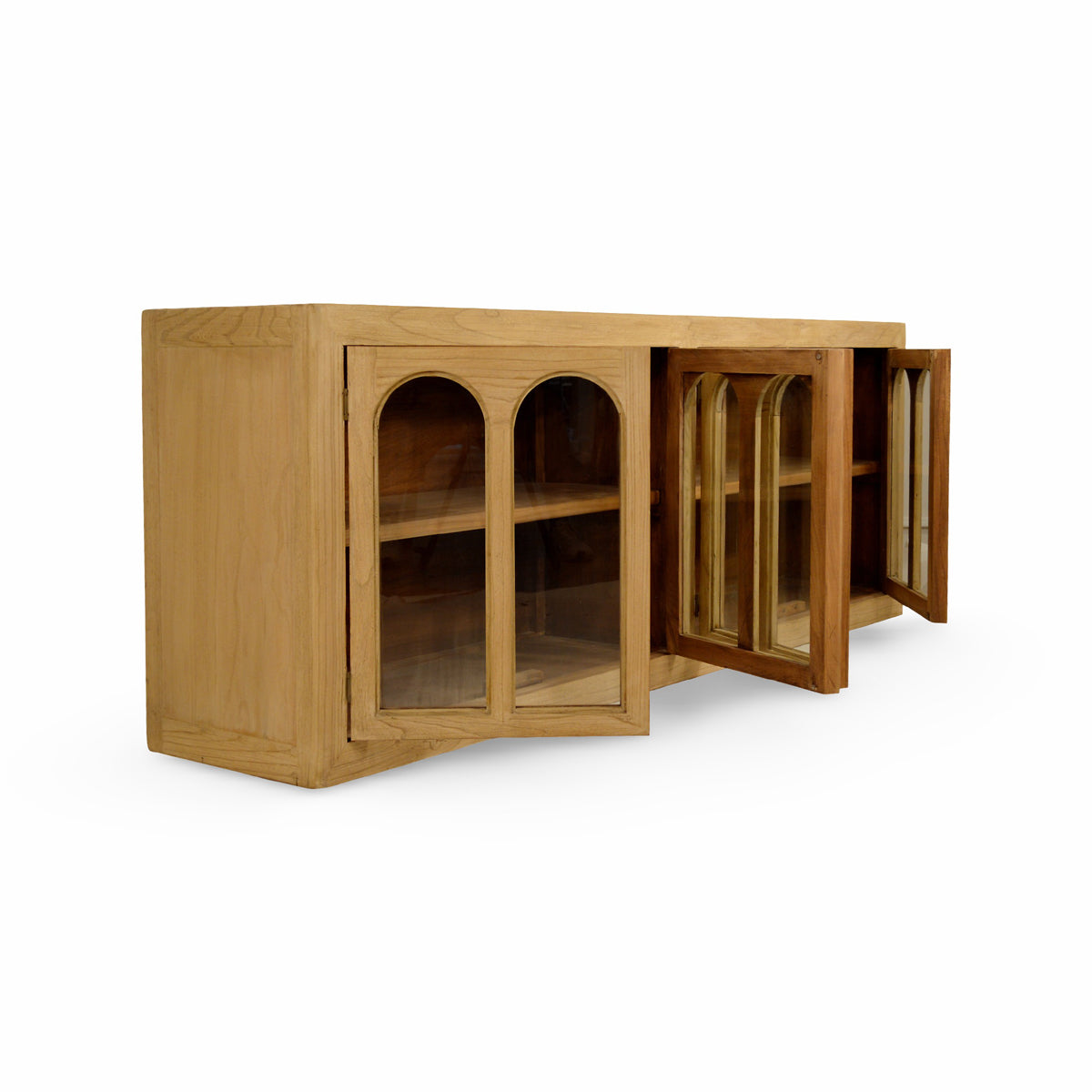 Bleached reclaimed elm cabinet with repeated arched glass doors