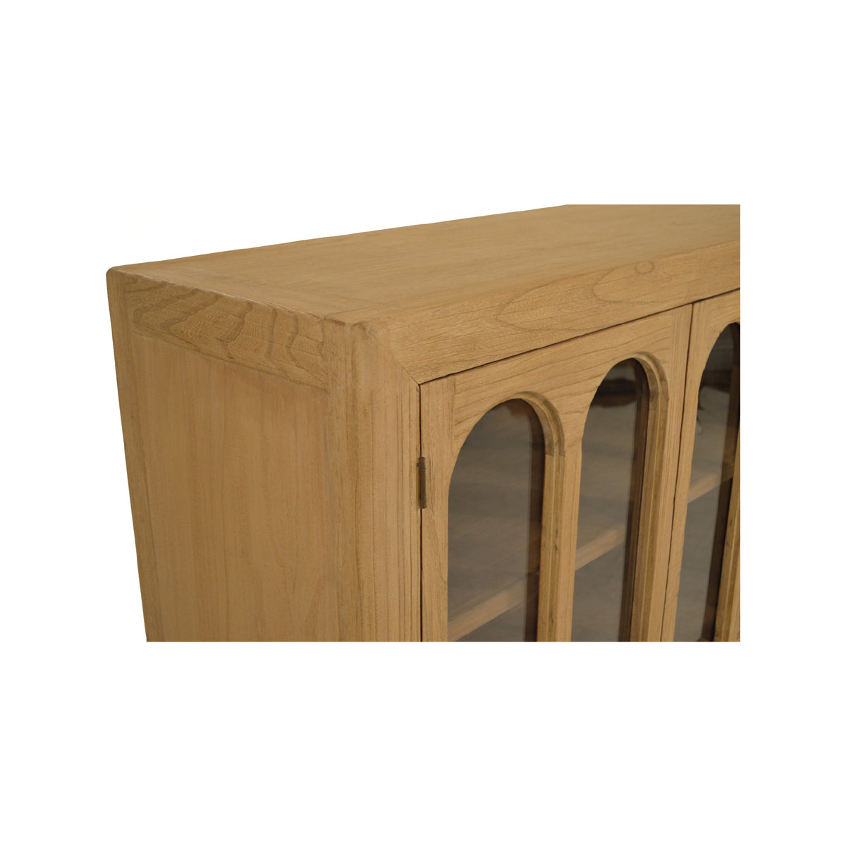 Bleached reclaimed elm cabinet with repeated arched glass doors