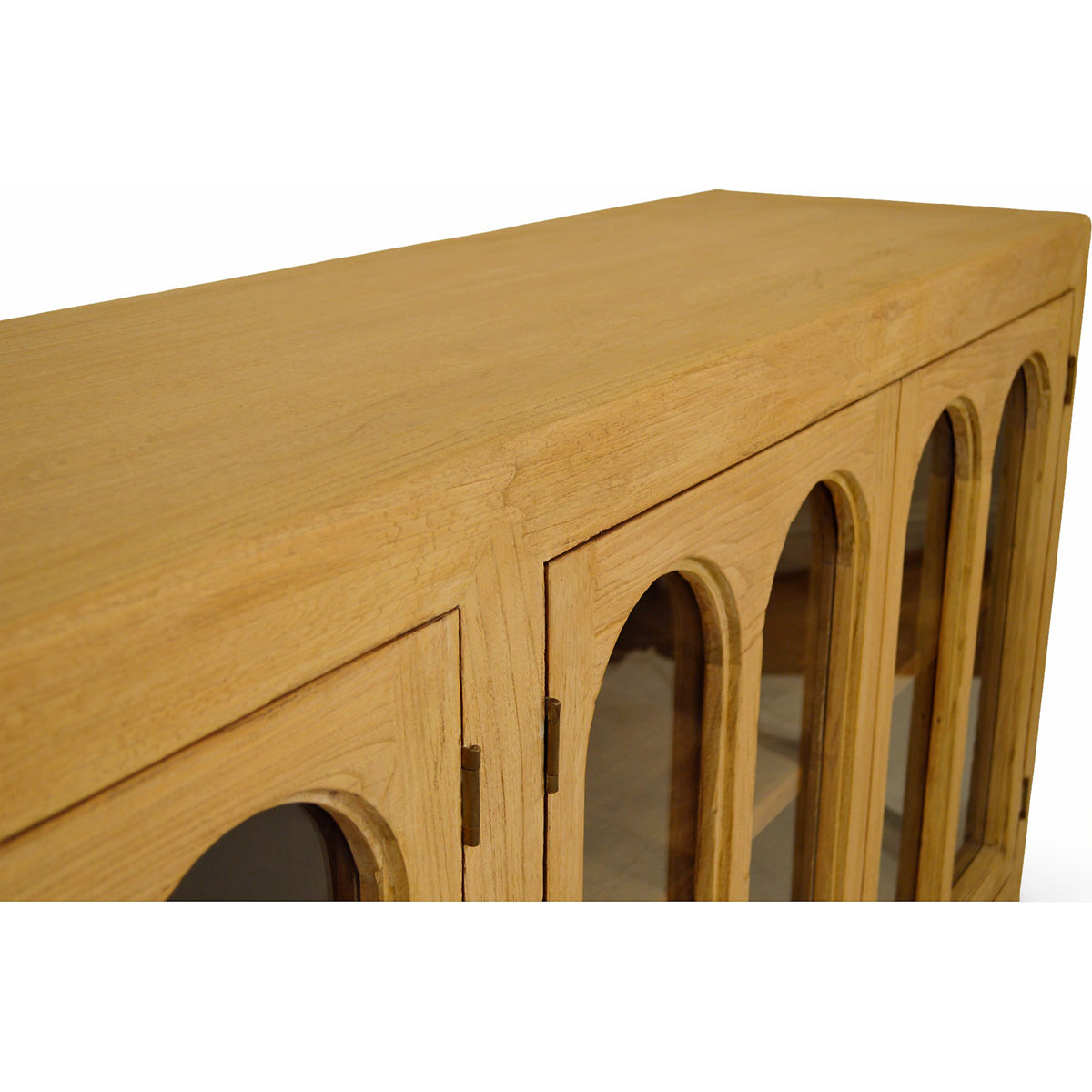 Bleached reclaimed elm cabinet with repeated arched glass doors