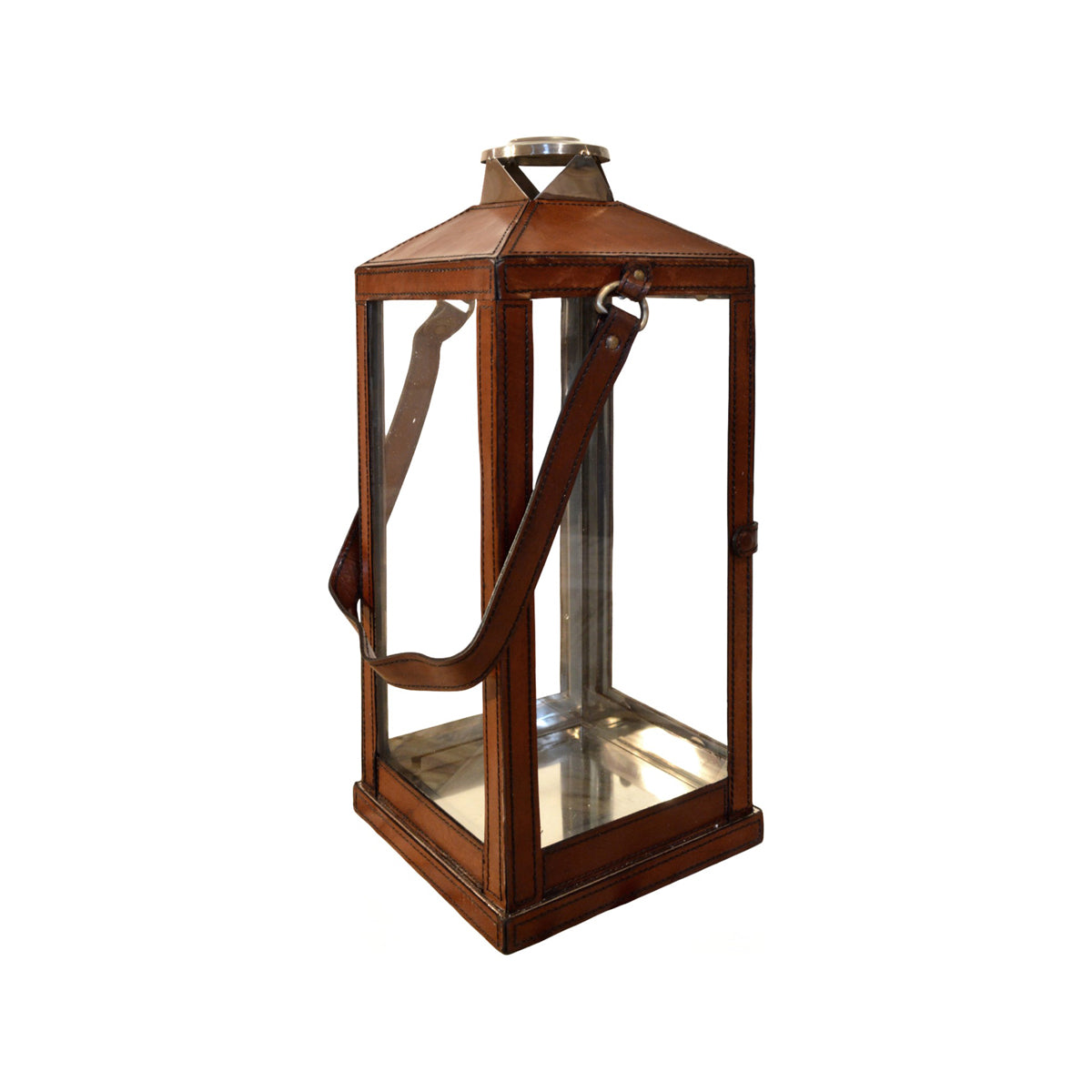 Tall metal lantern with glass panels, a hinged door, and leather straps