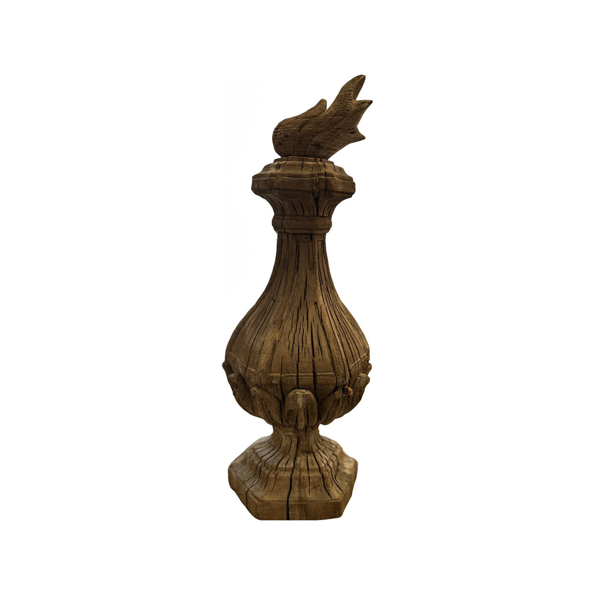 Turned urn-form decor carved from reclaimed pine
