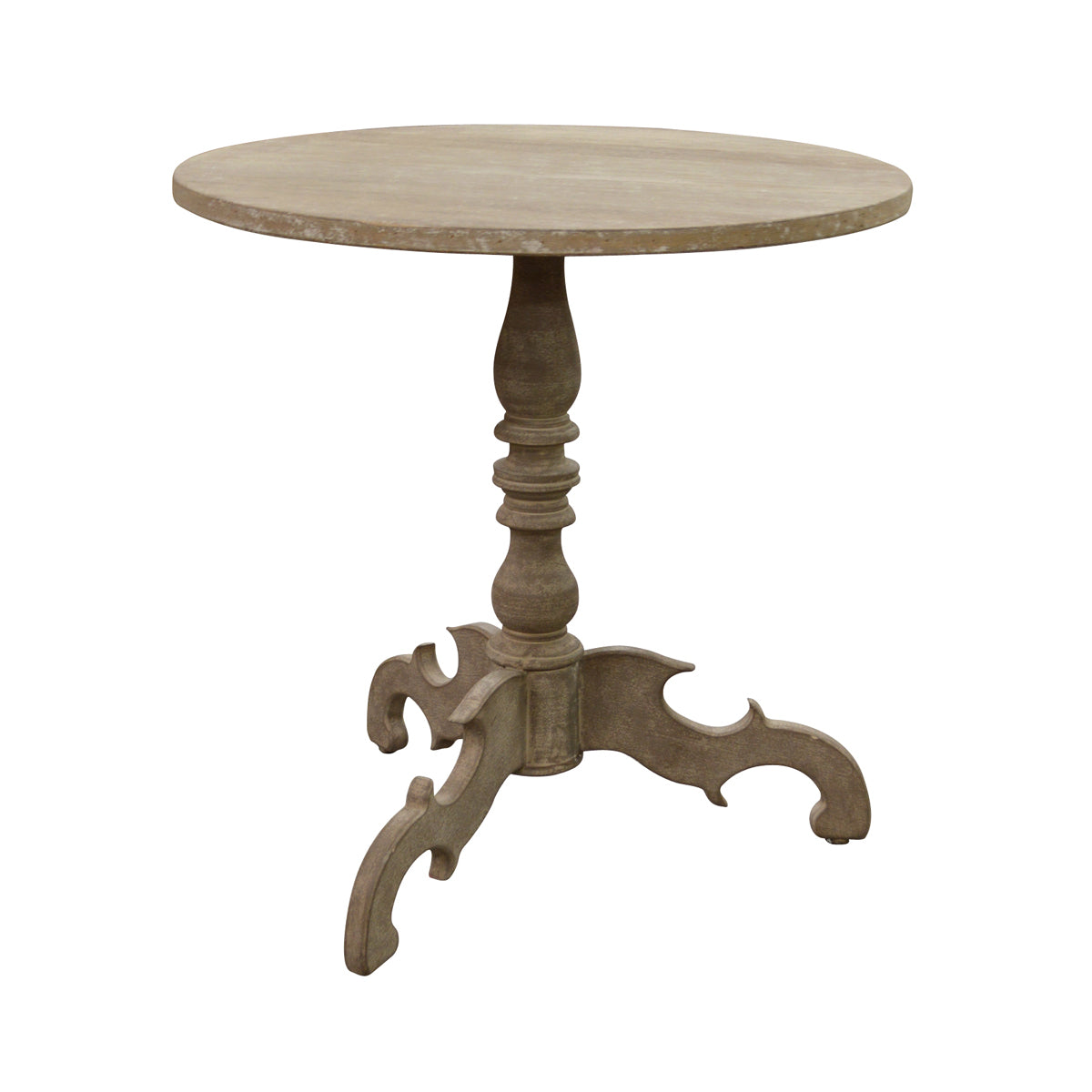 Round reclaimed pine side table on a turned column and tripod base