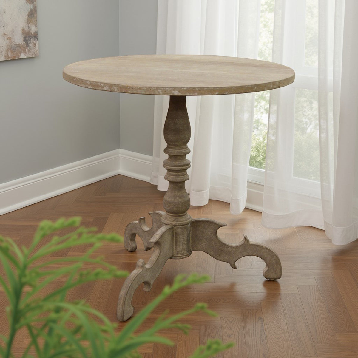 Round reclaimed pine side table on a turned column and tripod base