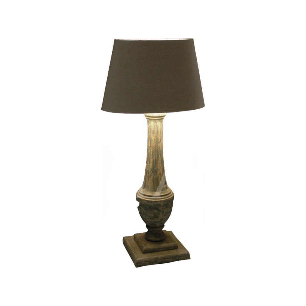 Blue carved table lamp made of reclaimed pine with a vertically carved body