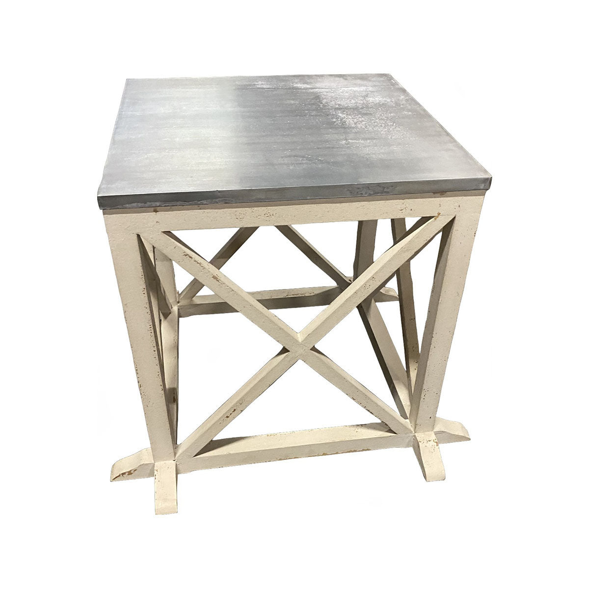 Square side table with zinc-clad top on a cross-braced painted base