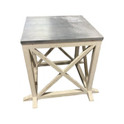Square side table with zinc-clad top on a cross-braced painted base