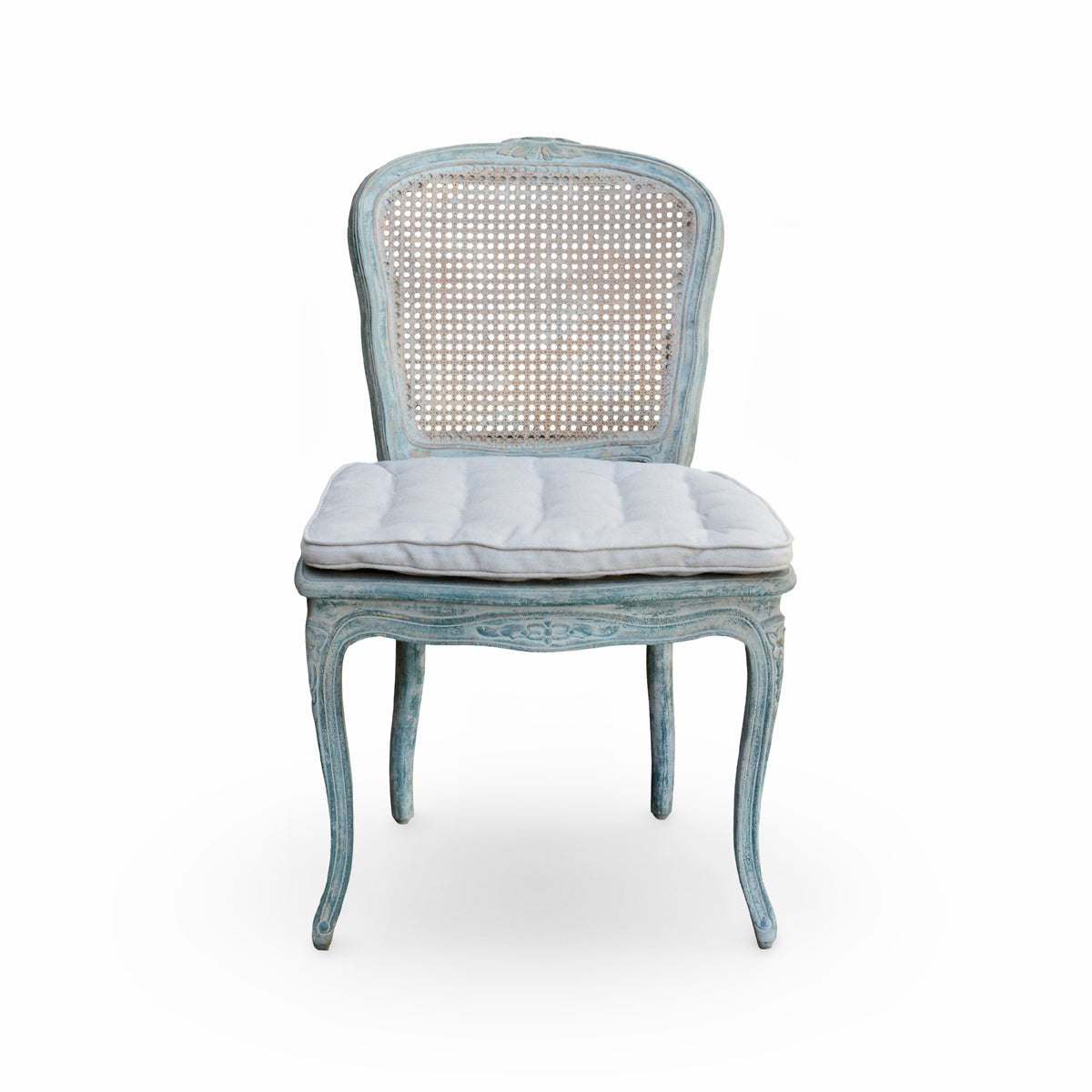 French provincial dining chair with a carved birch frame and woven cane back