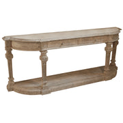 Reclaimed pine console table with curved front, turned legs and lower shelf