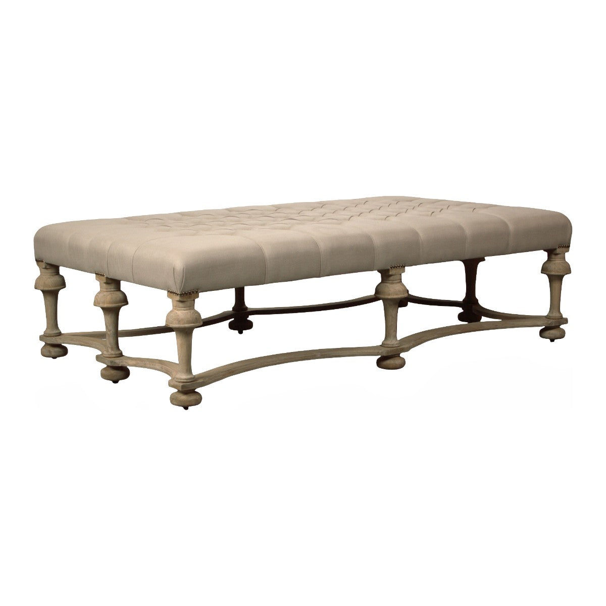 Tufted Linen & Natural Birch Ottoman