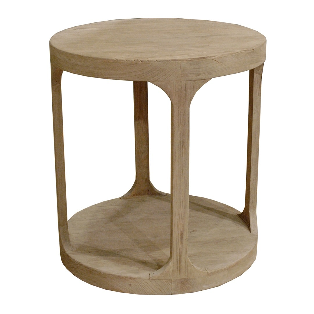 Round reclaimed pine end table with lower shelf on curved supports