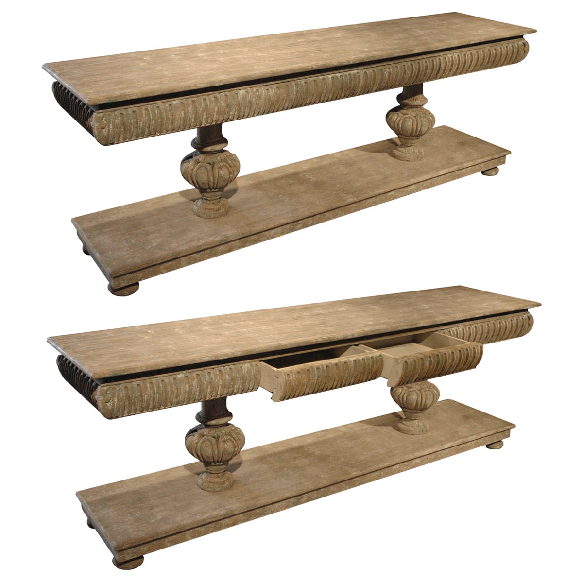 Reclaimed pine console table with carved apron and drawers on turned legs