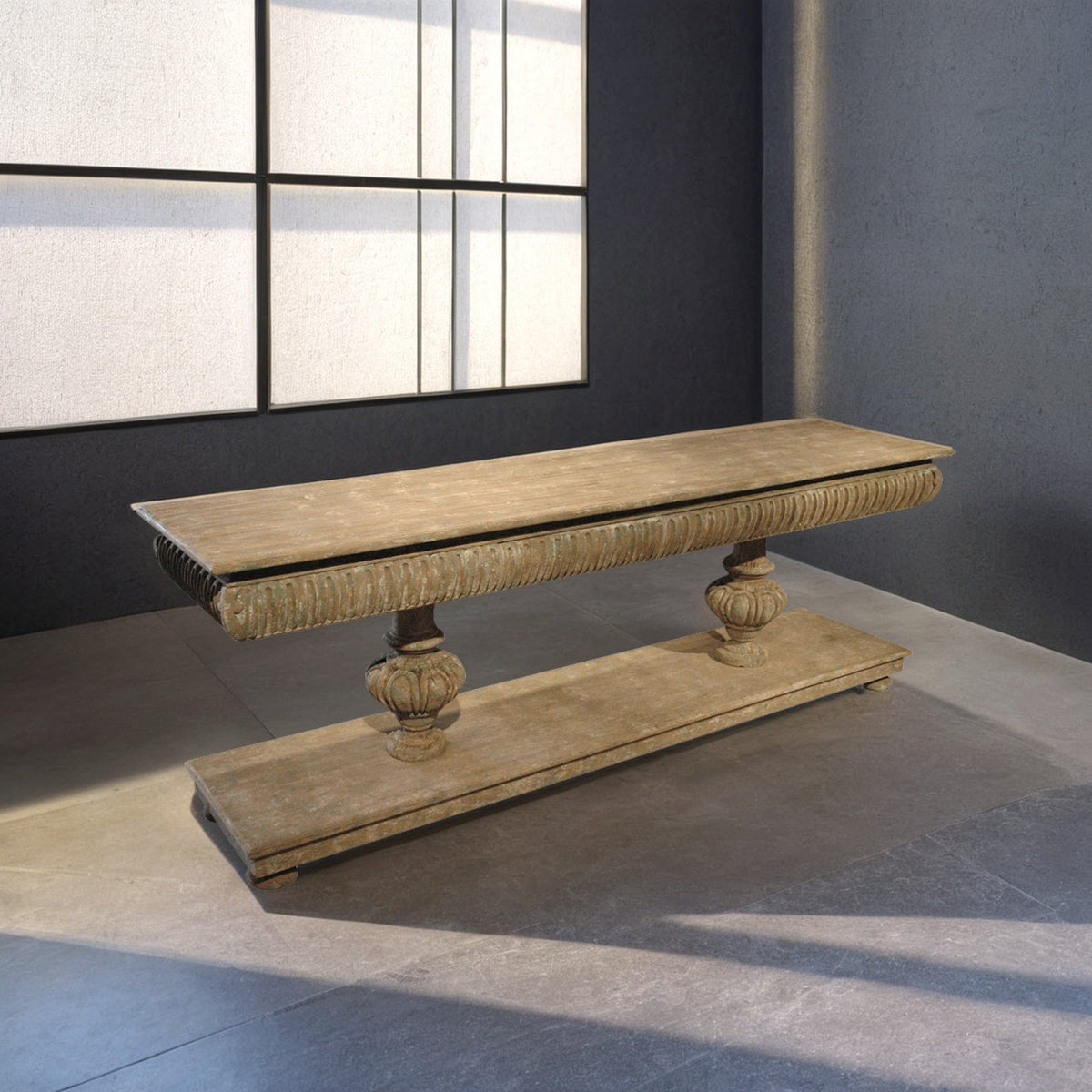 Reclaimed pine console table with carved apron and drawers on turned legs