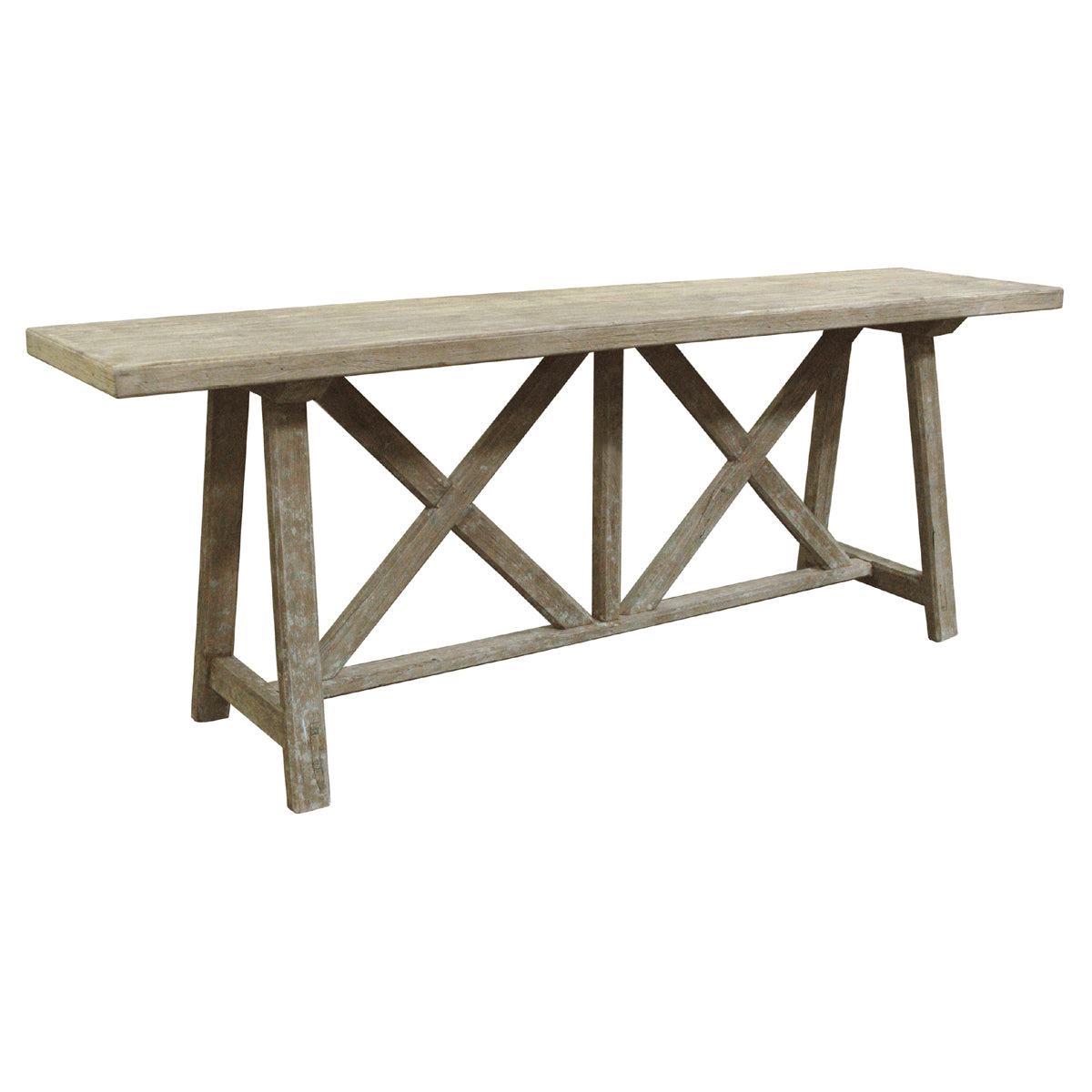 Reclaimed pine console table on an exposed X-base