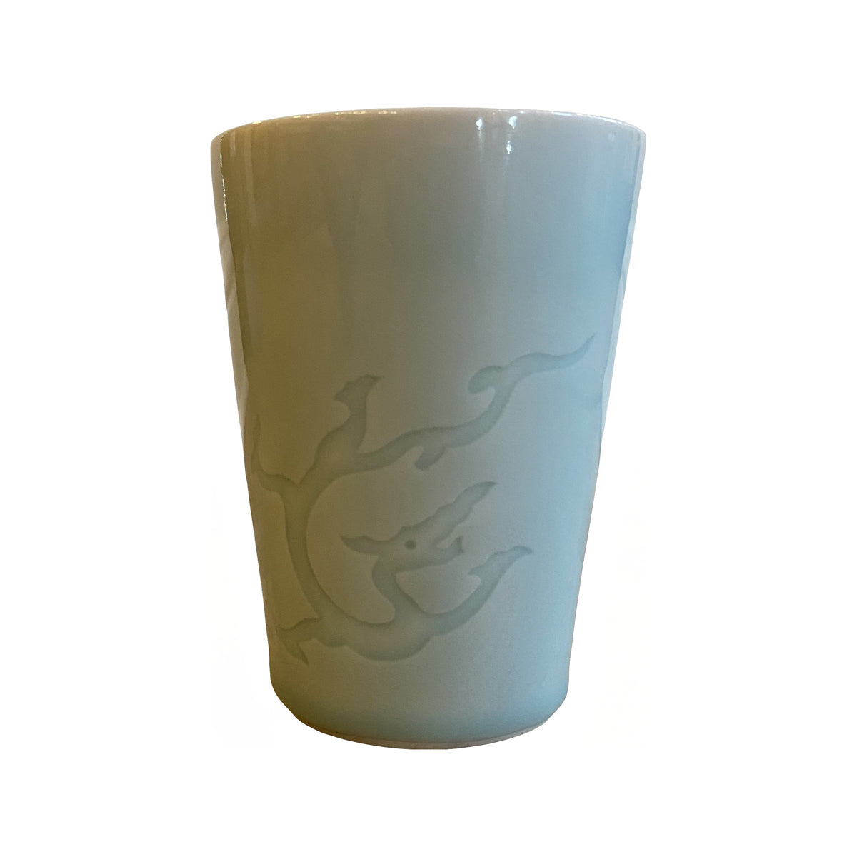 Small porcelain vase with a tapered profile and pale blue glaze