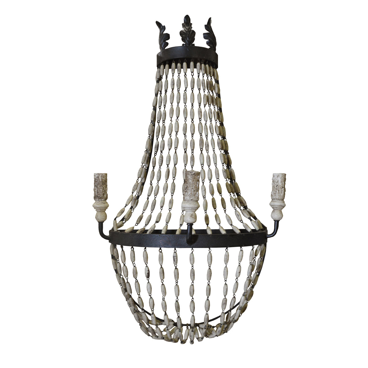 Empire wall sconce with hand-shaped wooden bead strands in tapered shape