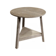 Round reclaimed pine cricket table with angled legs and lower shelf