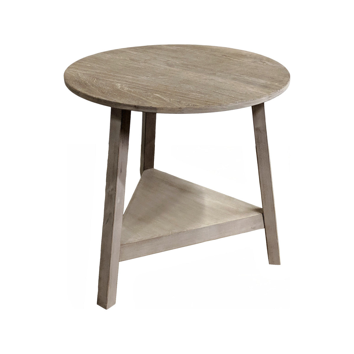 Round reclaimed pine cricket table with angled legs and lower shelf