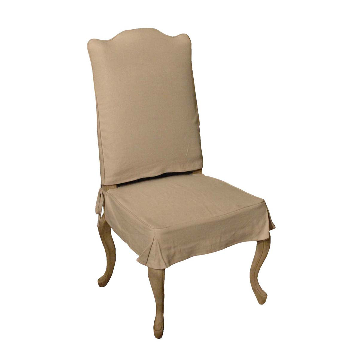 Dining chair with a tailored slipcover over a curved birch frame