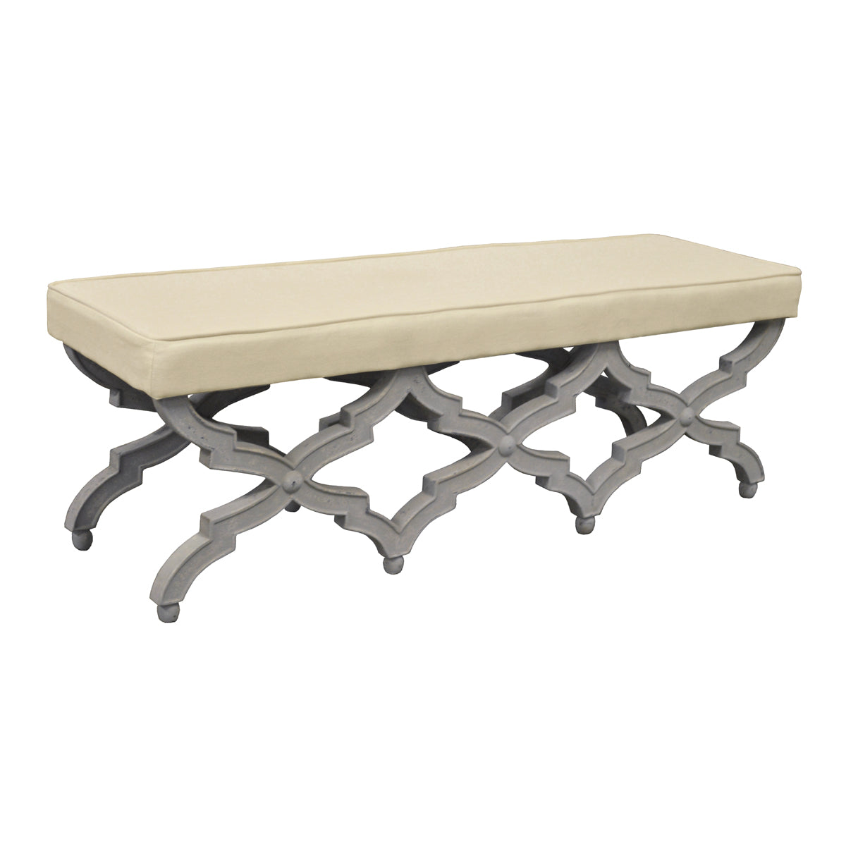 Upholstered bench on a painted wood X-frame base.