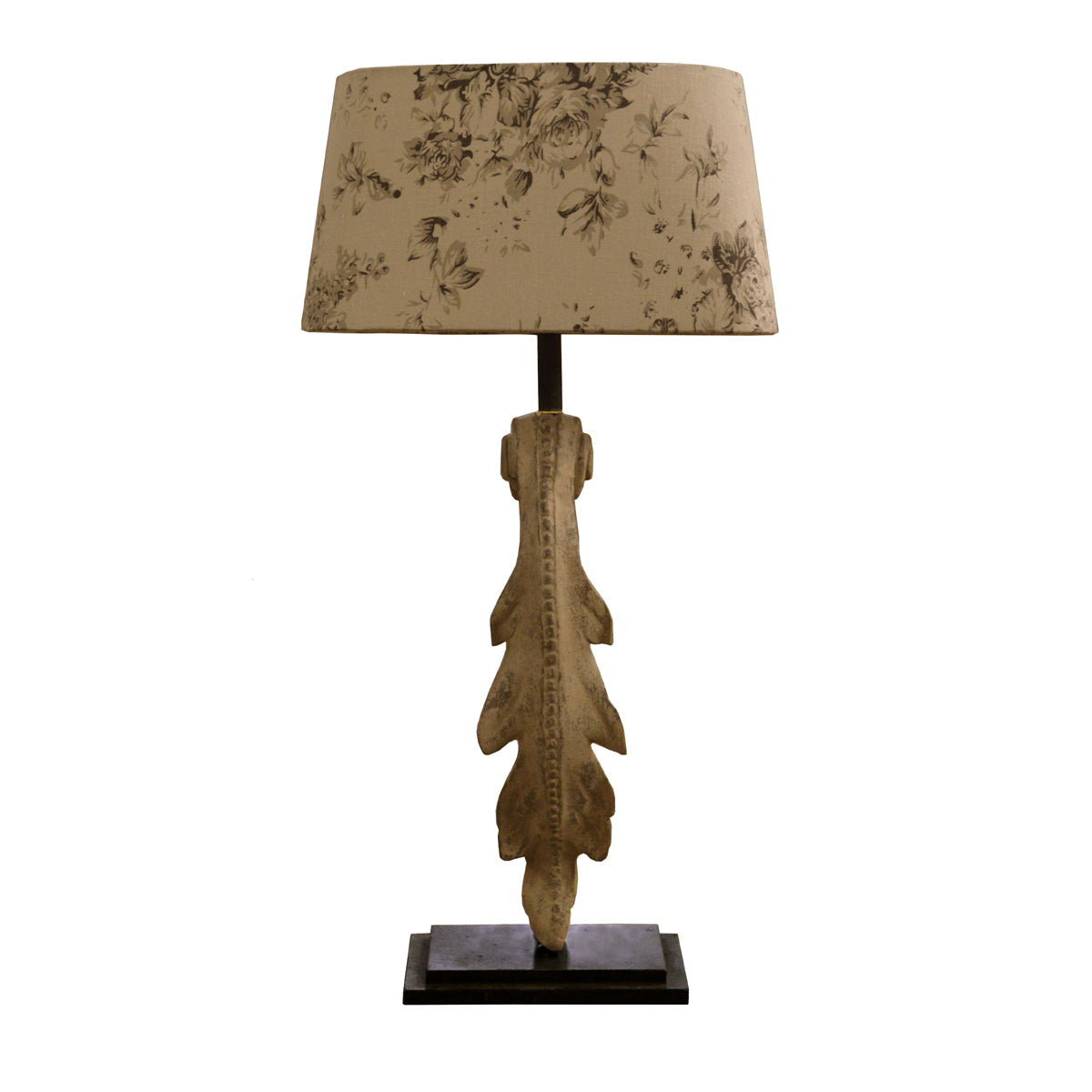 Olive table lamp with carved botanical vertical form on rectangular base
