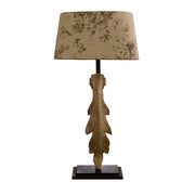 Olive table lamp with carved botanical vertical form on rectangular base