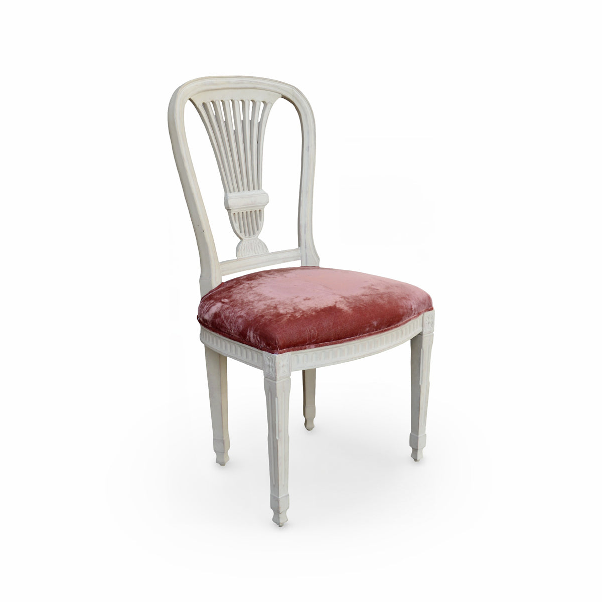 Side chair with a carved birch frame and crushed velvet seat