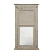 Tall reclaimed pine mirror with layered panels and a carved crown