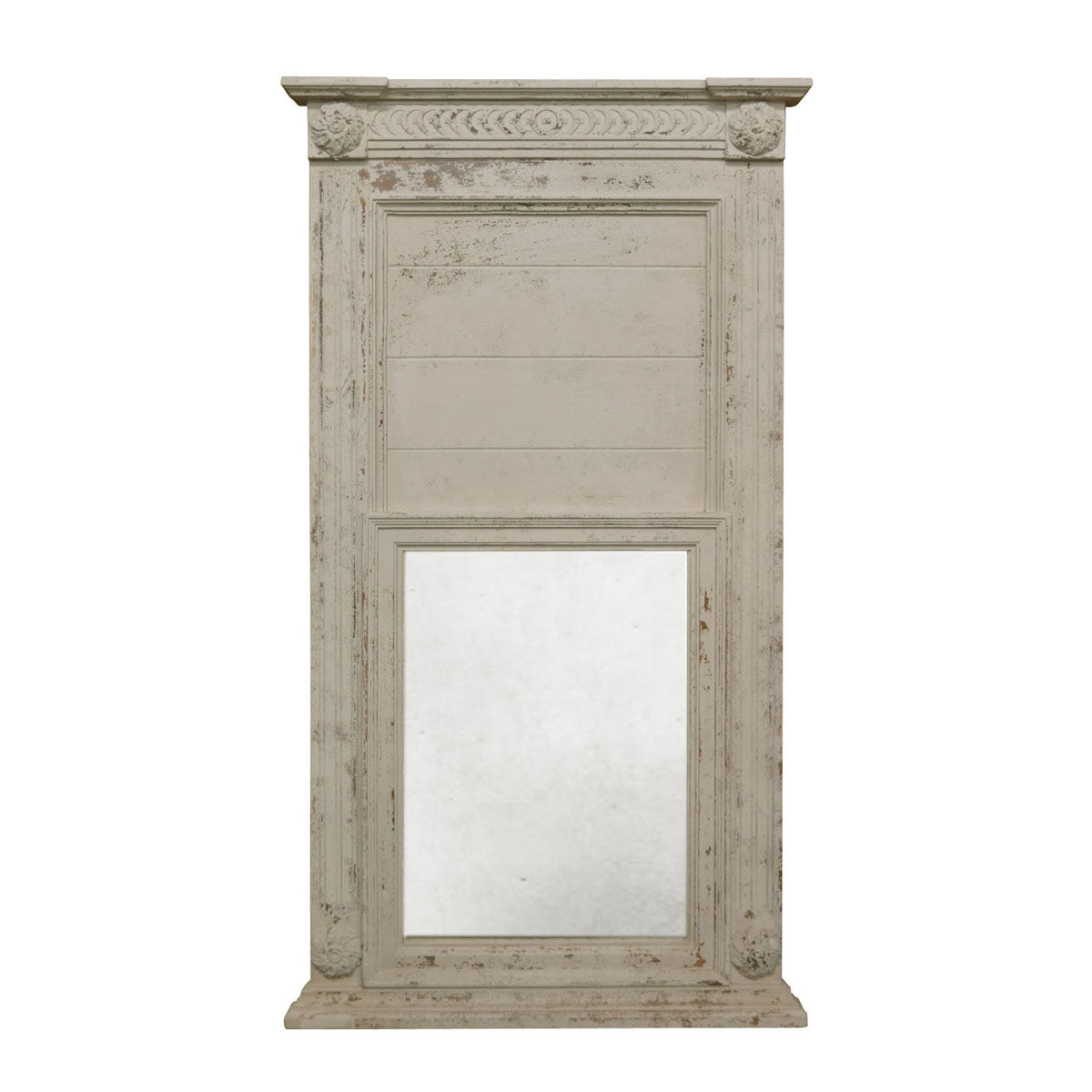Tall reclaimed pine mirror with layered panels and a carved crown