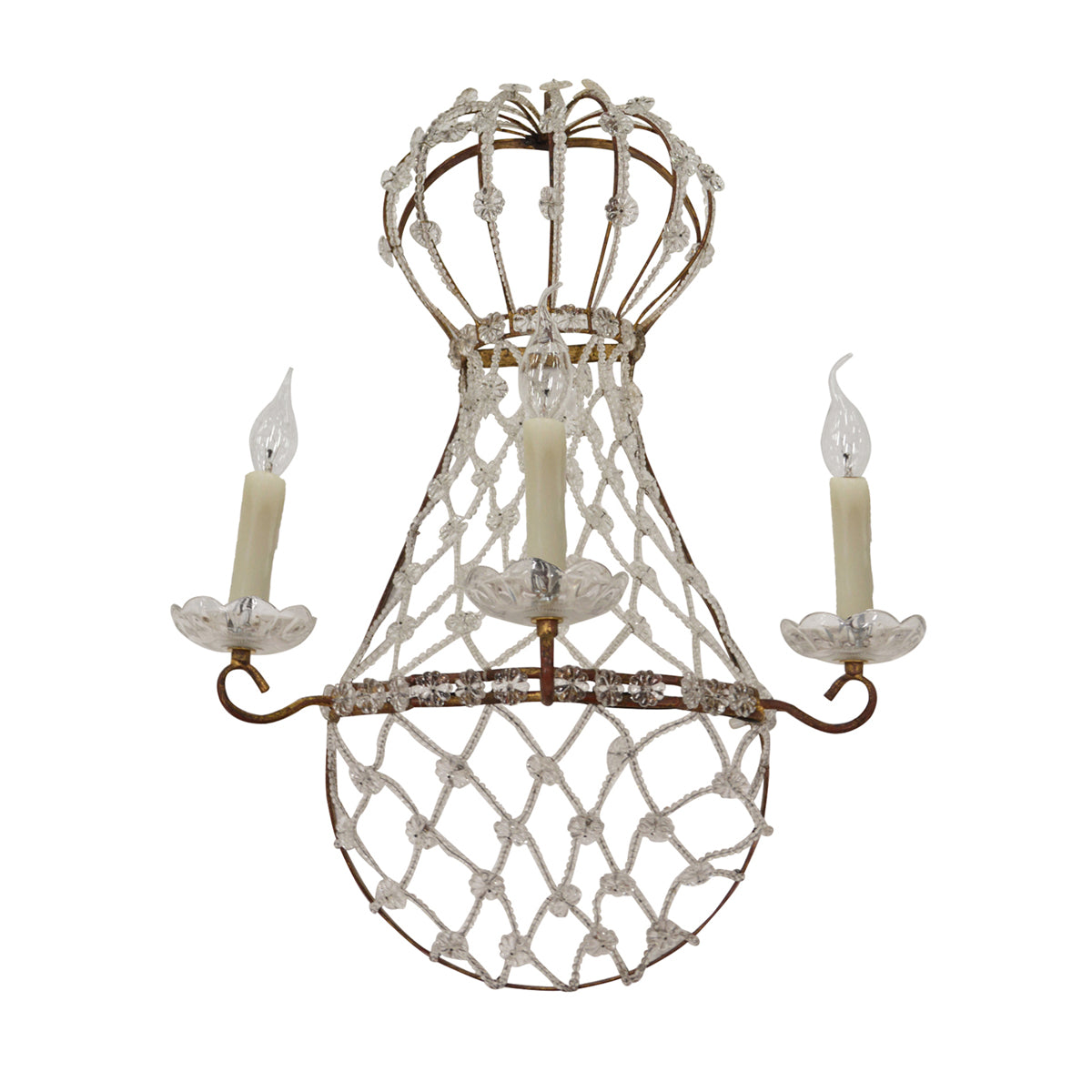 Milo wall sconce with shaped metal frame and open lattice enclosure