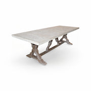 Reclaimed pine parquet-top dining table on a fiberglass baluster base