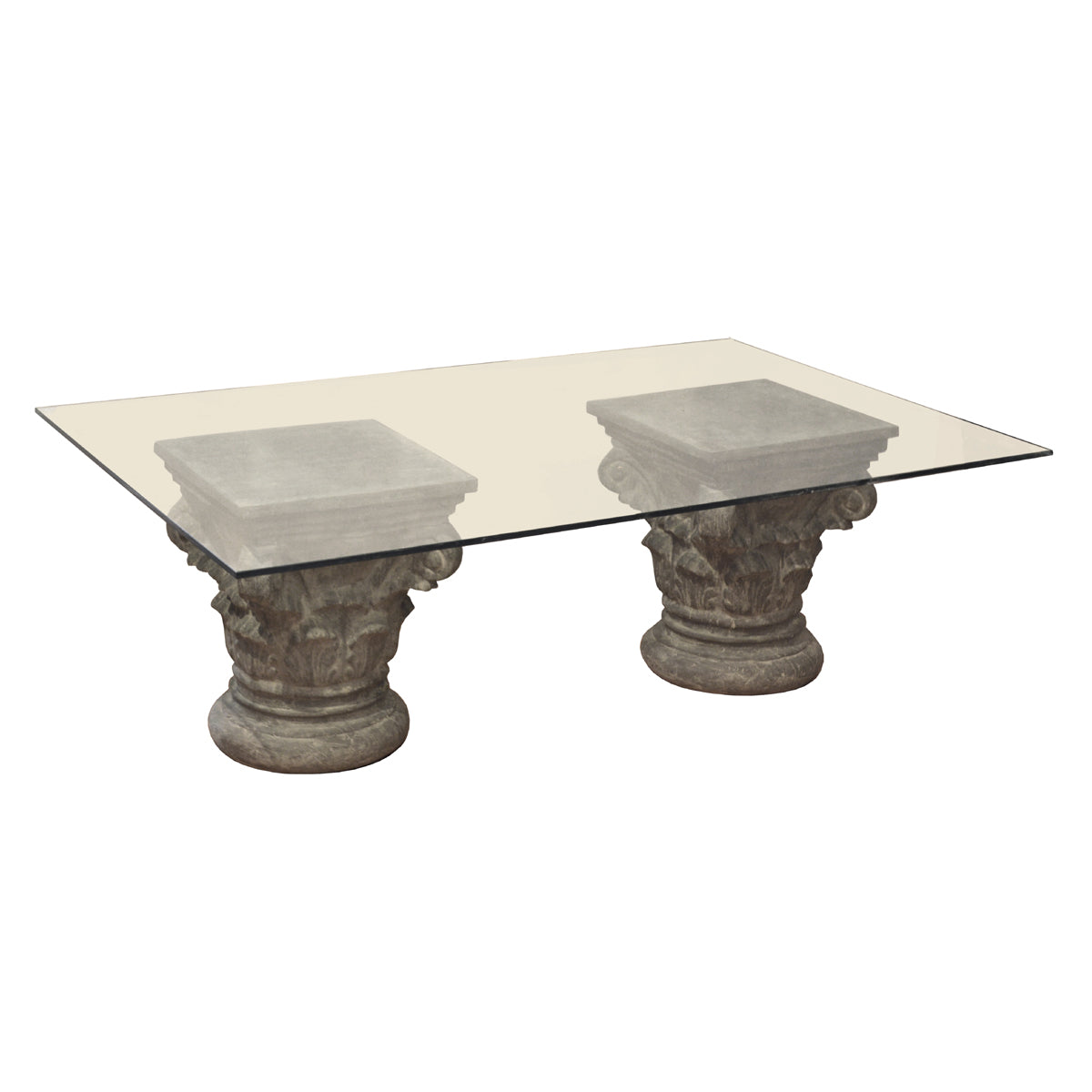 Glass-top coffee table on twin carved fiberglass plinth bases