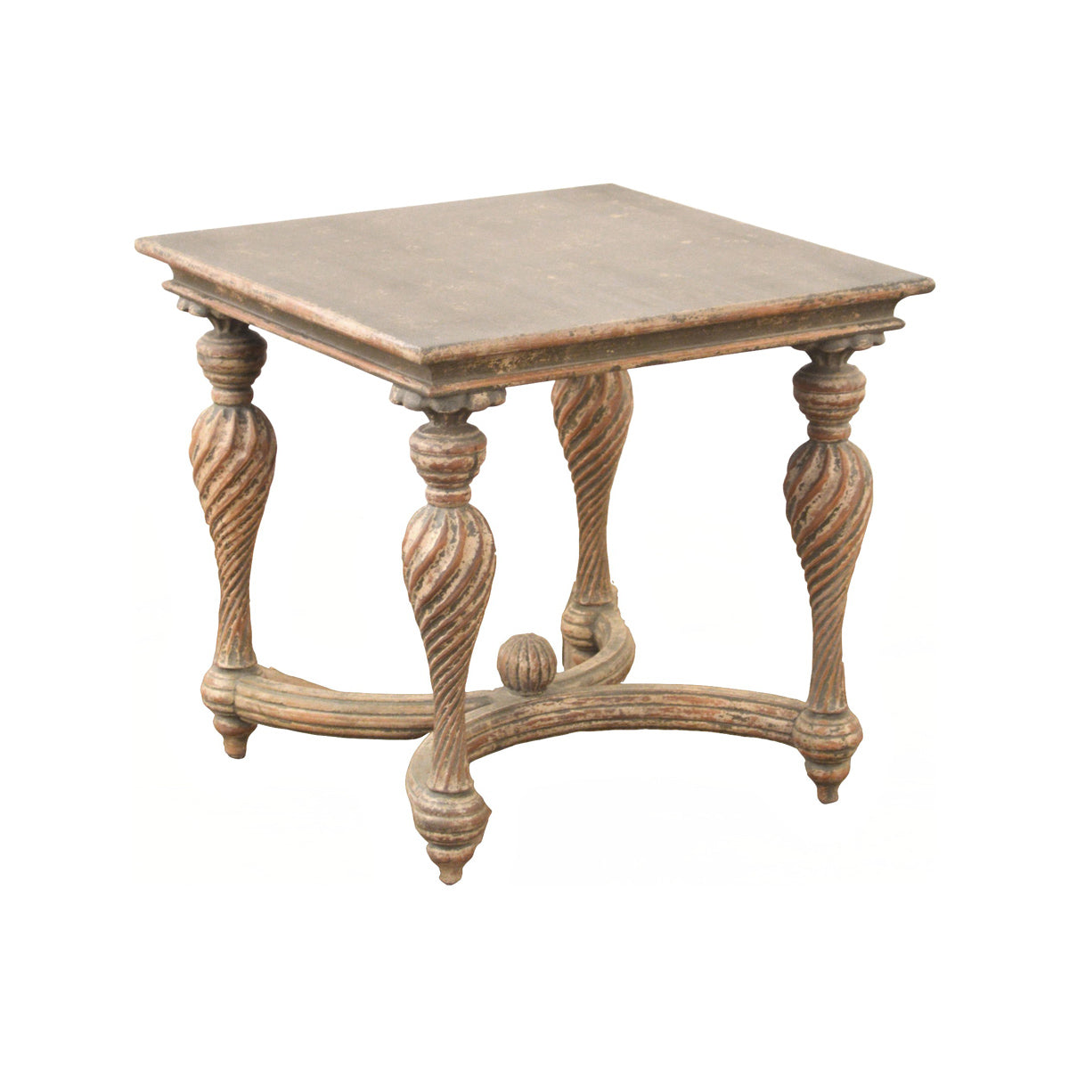Reclaimed pine side table with square top on twisted turned legs