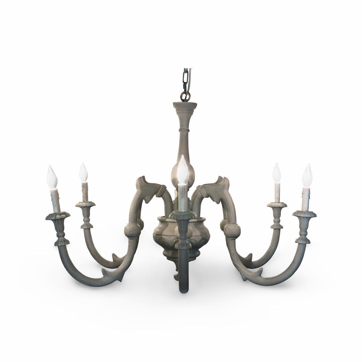 Carved wooden multi-arm chandelier in a muted grey finish